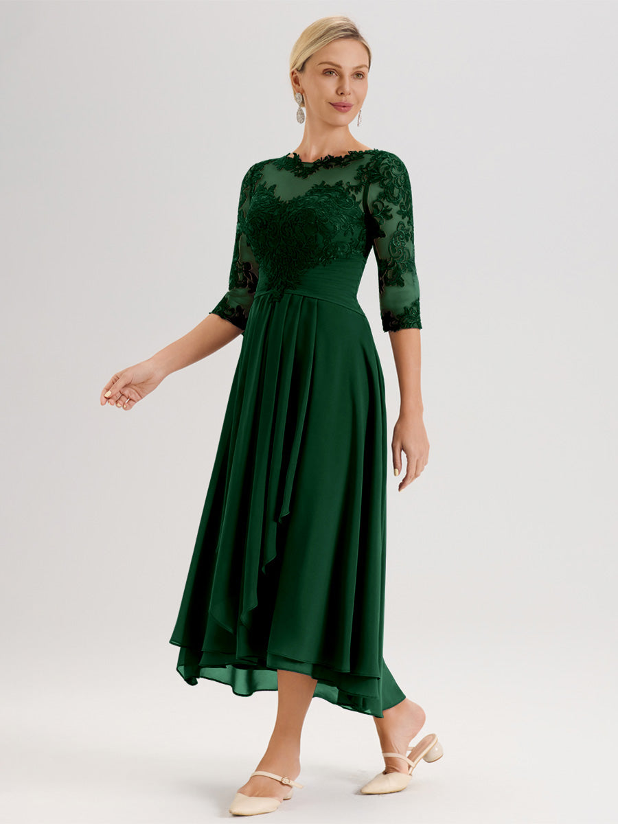 Cicinia Vert Foncé Robe Mère De La Mariée Col Ras Du Cou En Mousseline Et Dentelle Manches Trois-Quarts À Ourlet Asymétrique