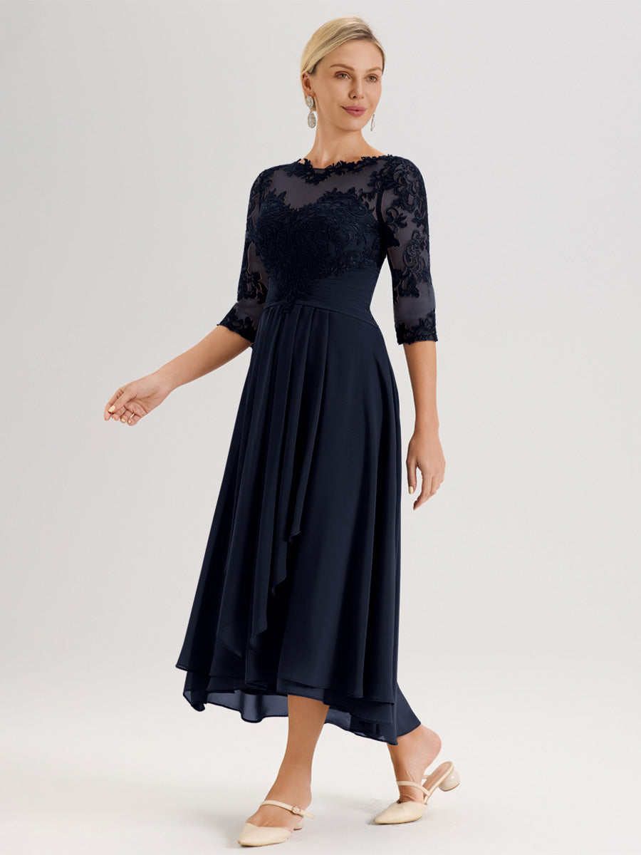 Cicinia Bleu Marine Robe Mère De La Mariée Col Ras Du Cou En Mousseline Et Dentelle Manches Trois-Quarts À Ourlet Asymétrique