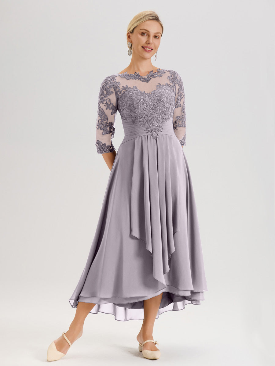 Cicinia Crépuscule Robe Mère De La Mariée Col Ras Du Cou En Mousseline Et Dentelle Manches Trois-Quarts À Ourlet Asymétrique