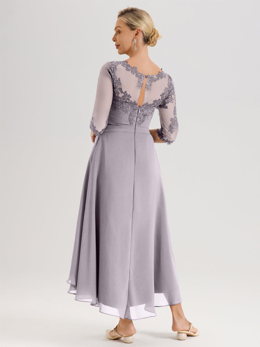 Cicinia Crépuscule Robe Mère De La Mariée Col Ras Du Cou En Mousseline Et Dentelle Manches Trois-Quarts À Ourlet Asymétrique