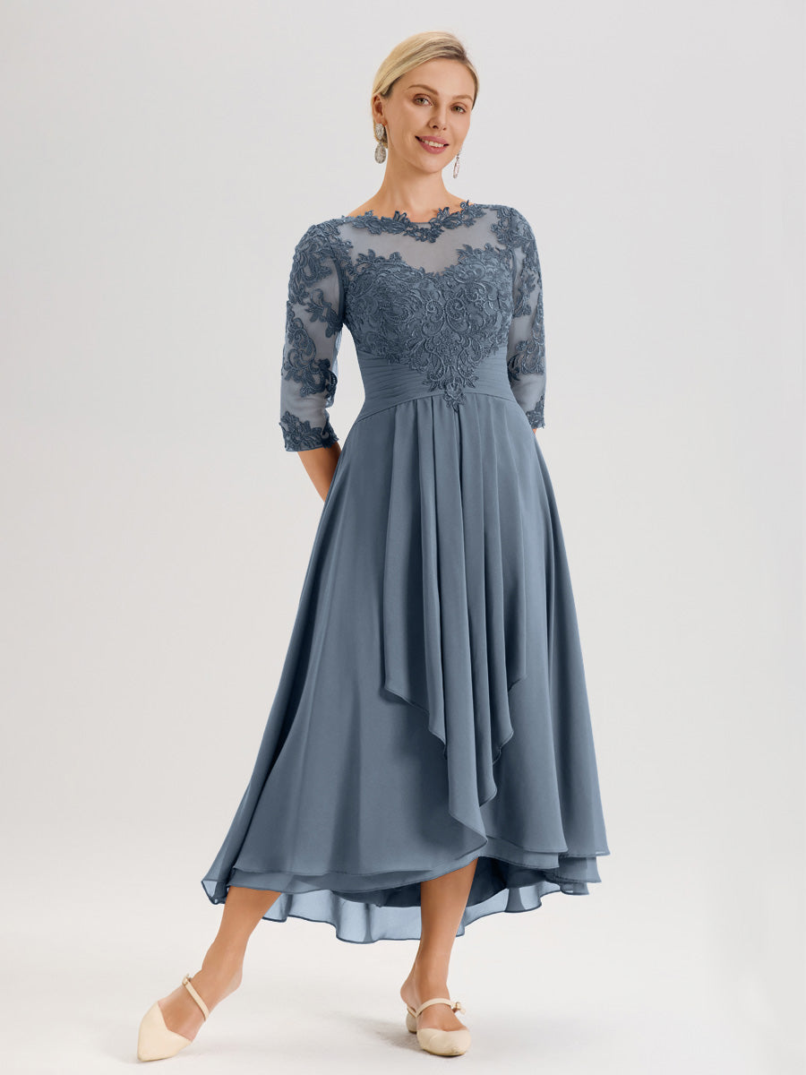 Cicinia Bleu Poudré Robe Mère De La Mariée Col Ras Du Cou En Mousseline Et Dentelle Manches Trois-Quarts À Ourlet Asymétrique