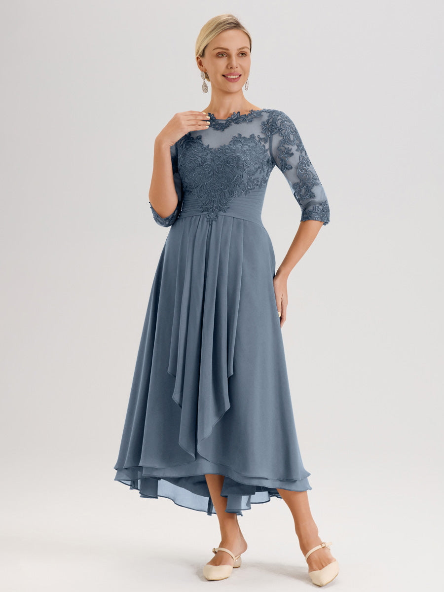 Cicinia Bleu Poudré Robe Mère De La Mariée Col Ras Du Cou En Mousseline Et Dentelle Manches Trois-Quarts À Ourlet Asymétrique