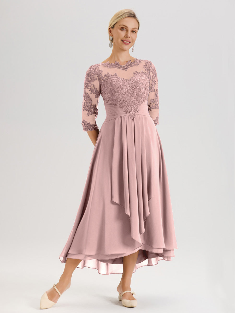 Cicinia Rose Poudré Robe Mère De La Mariée Col Ras Du Cou En Mousseline Et Dentelle Manches Trois-Quarts À Ourlet Asymétrique
