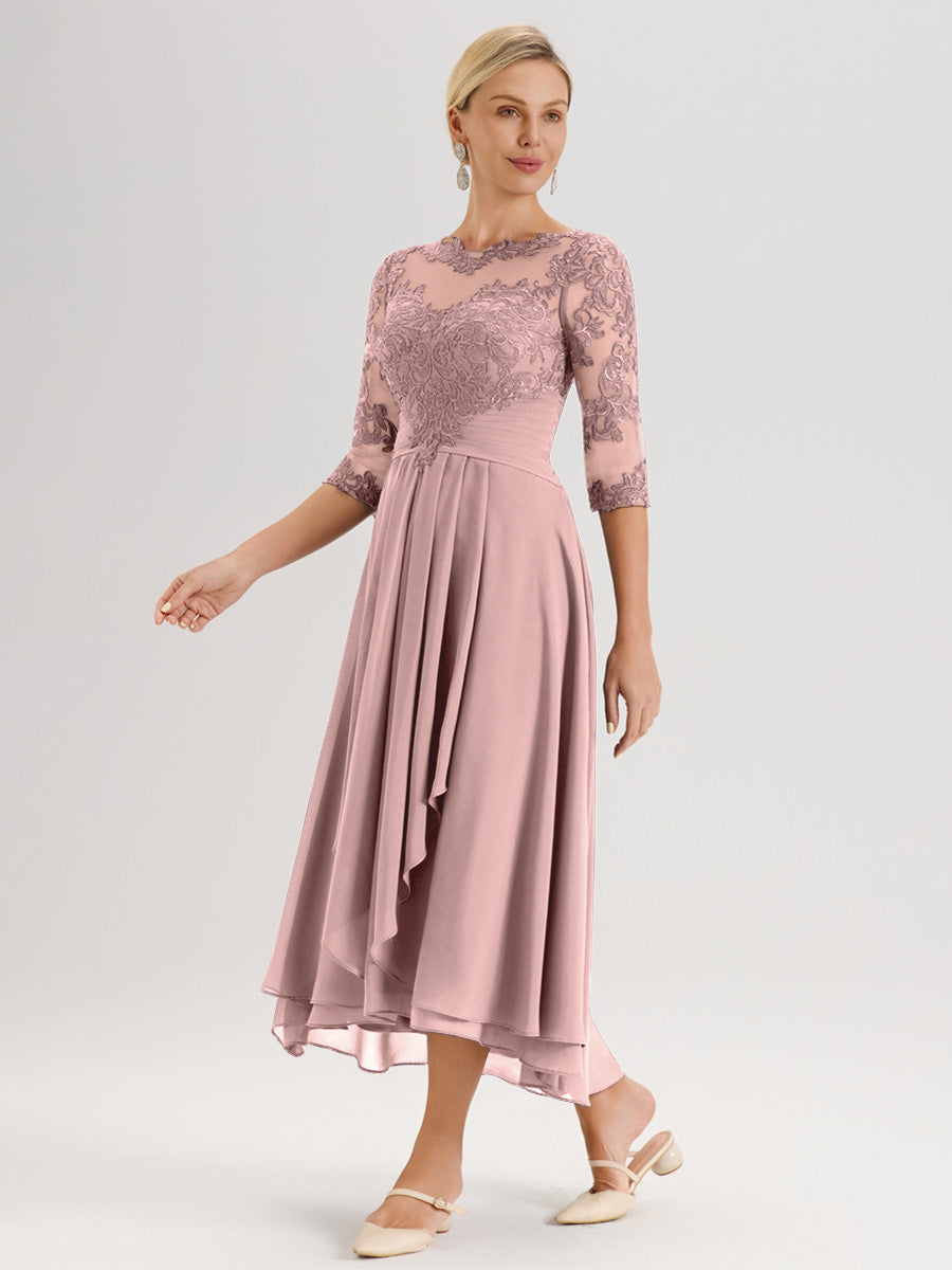 Cicinia Rose Poudré Robe Mère De La Mariée Col Ras Du Cou En Mousseline Et Dentelle Manches Trois-Quarts À Ourlet Asymétrique