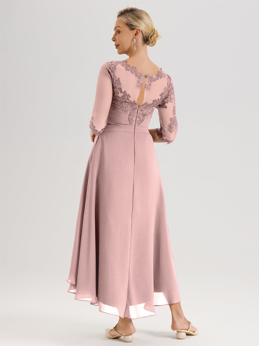 Cicinia Rose Poudré Robe Mère De La Mariée Col Ras Du Cou En Mousseline Et Dentelle Manches Trois-Quarts À Ourlet Asymétrique