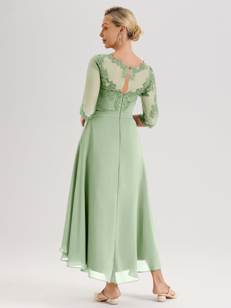 Cicinia Sauge Poudrée Robe Mère De La Mariée Col Ras Du Cou En Mousseline Et Dentelle Manches Trois-Quarts À Ourlet Asymétrique