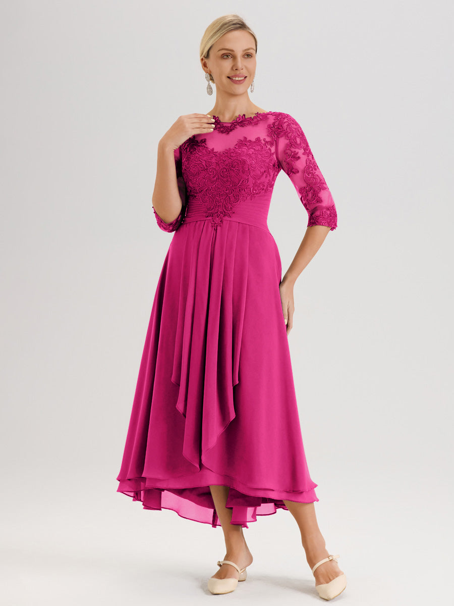 Cicinia Fuchsia Robe Mère De La Mariée Col Ras Du Cou En Mousseline Et Dentelle Manches Trois-Quarts À Ourlet Asymétrique
