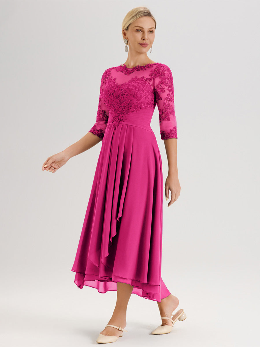 Cicinia Fuchsia Robe Mère De La Mariée Col Ras Du Cou En Mousseline Et Dentelle Manches Trois-Quarts À Ourlet Asymétrique