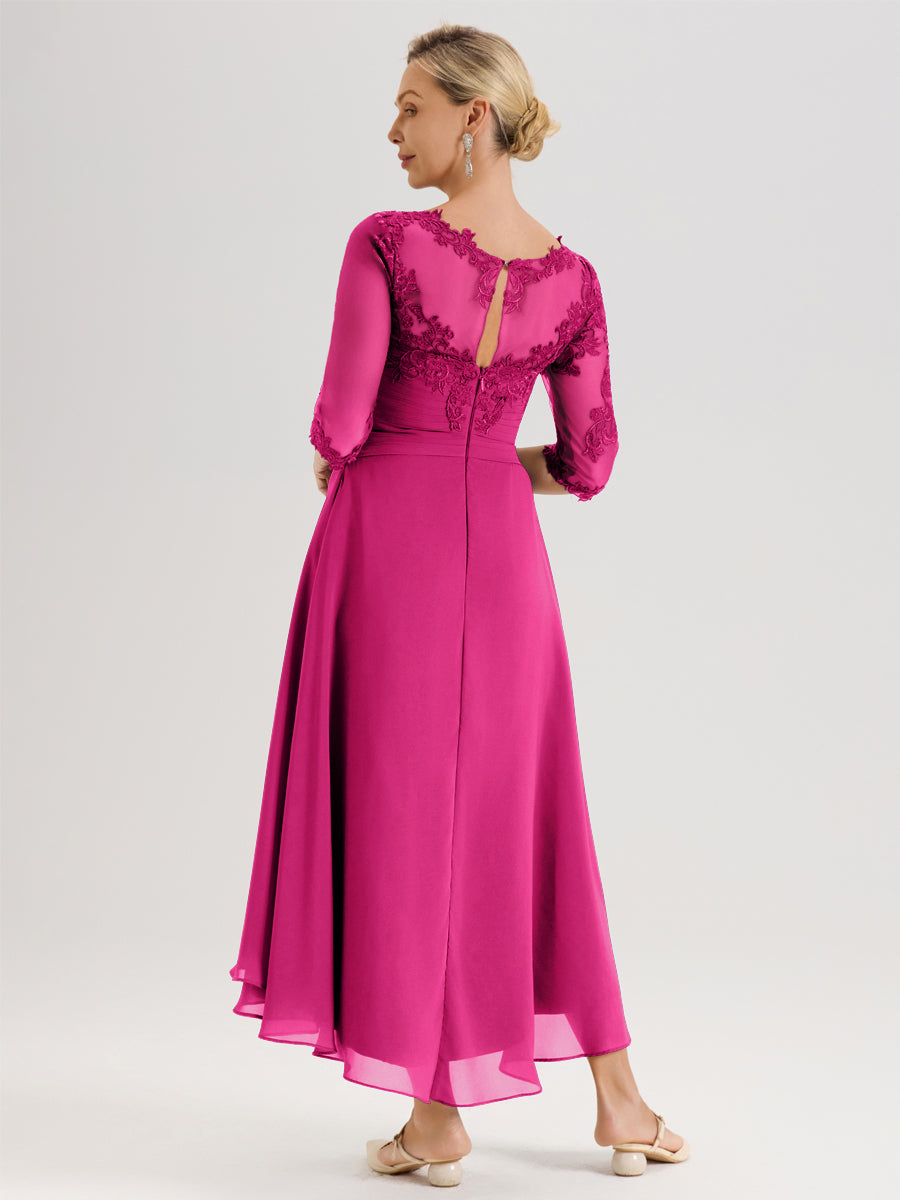 Cicinia Fuchsia Robe Mère De La Mariée Col Ras Du Cou En Mousseline Et Dentelle Manches Trois-Quarts À Ourlet Asymétrique