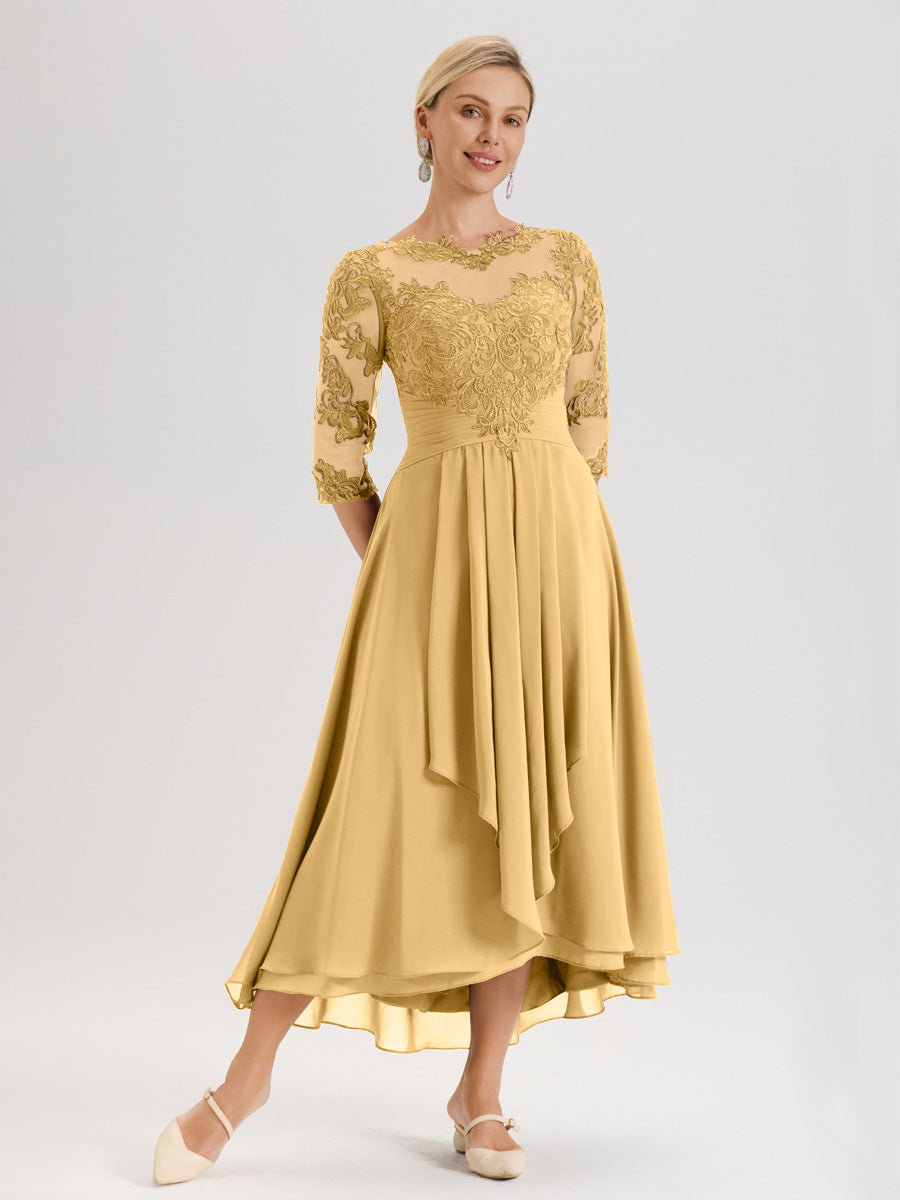 Cicinia Or Robe Mère De La Mariée Col Ras Du Cou En Mousseline Et Dentelle Manches Trois-Quarts À Ourlet Asymétrique