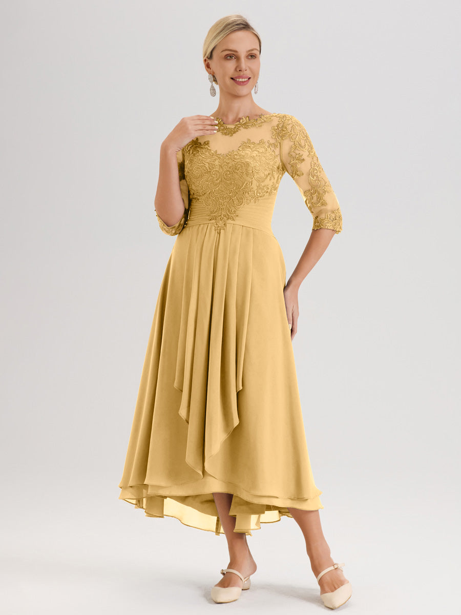 Cicinia Or Robe Mère De La Mariée Col Ras Du Cou En Mousseline Et Dentelle Manches Trois-Quarts À Ourlet Asymétrique