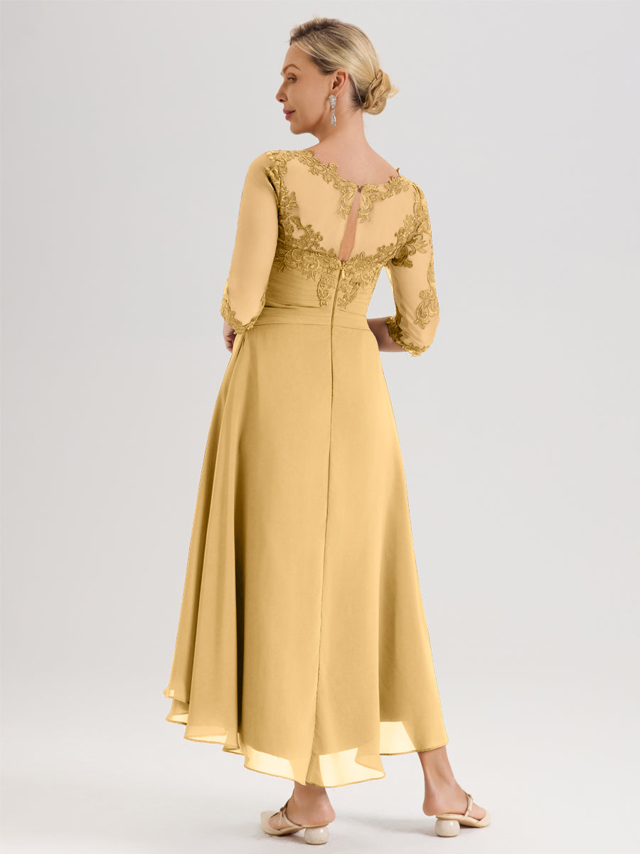 Cicinia Or Robe Mère De La Mariée Col Ras Du Cou En Mousseline Et Dentelle Manches Trois-Quarts À Ourlet Asymétrique