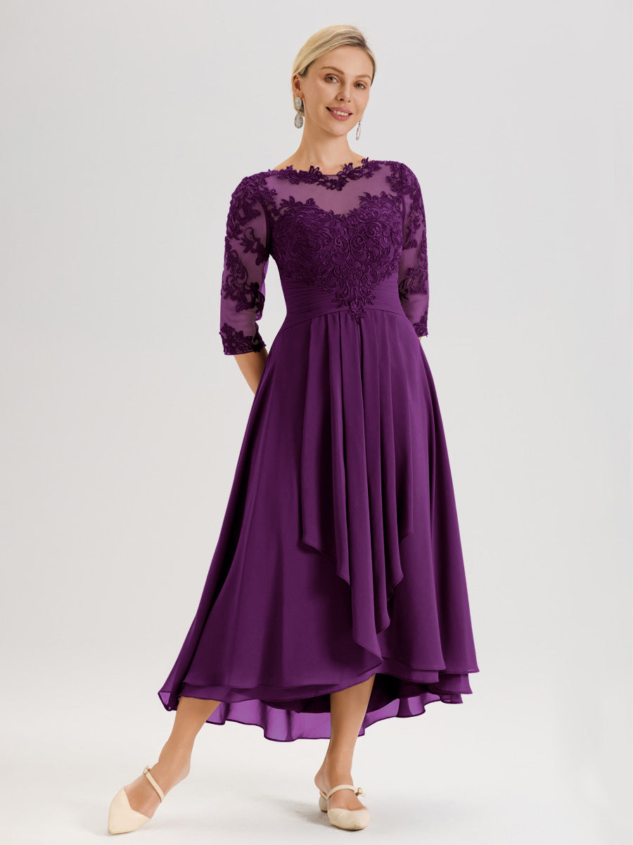 Cicinia Raisin Robe Mère De La Mariée Col Ras Du Cou En Mousseline Et Dentelle Manches Trois-Quarts À Ourlet Asymétrique
