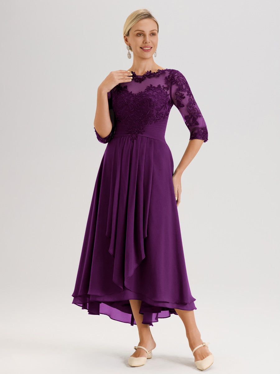 Cicinia Raisin Robe Mère De La Mariée Col Ras Du Cou En Mousseline Et Dentelle Manches Trois-Quarts À Ourlet Asymétrique