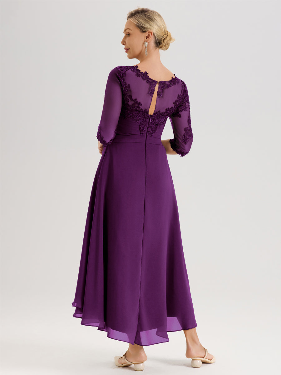 Cicinia Raisin Robe Mère De La Mariée Col Ras Du Cou En Mousseline Et Dentelle Manches Trois-Quarts À Ourlet Asymétrique