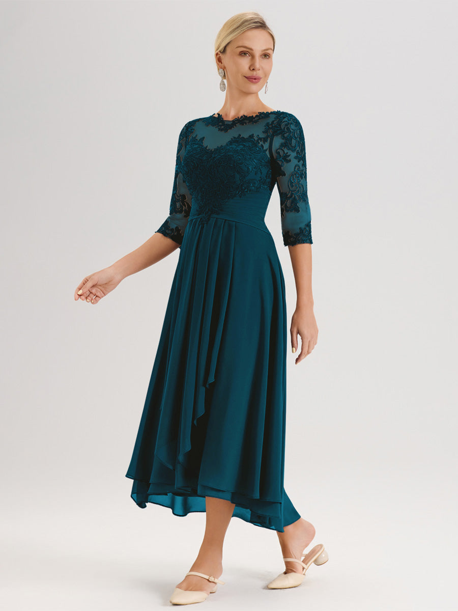 Cicinia Bleu Encre Robe Mère De La Mariée Col Ras Du Cou En Mousseline Et Dentelle Manches Trois-Quarts À Ourlet Asymétrique