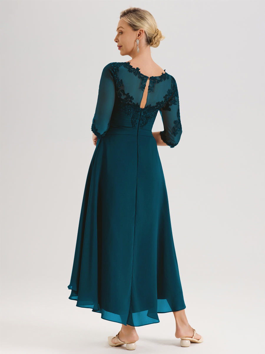 Cicinia Bleu Encre Robe Mère De La Mariée Col Ras Du Cou En Mousseline Et Dentelle Manches Trois-Quarts À Ourlet Asymétrique