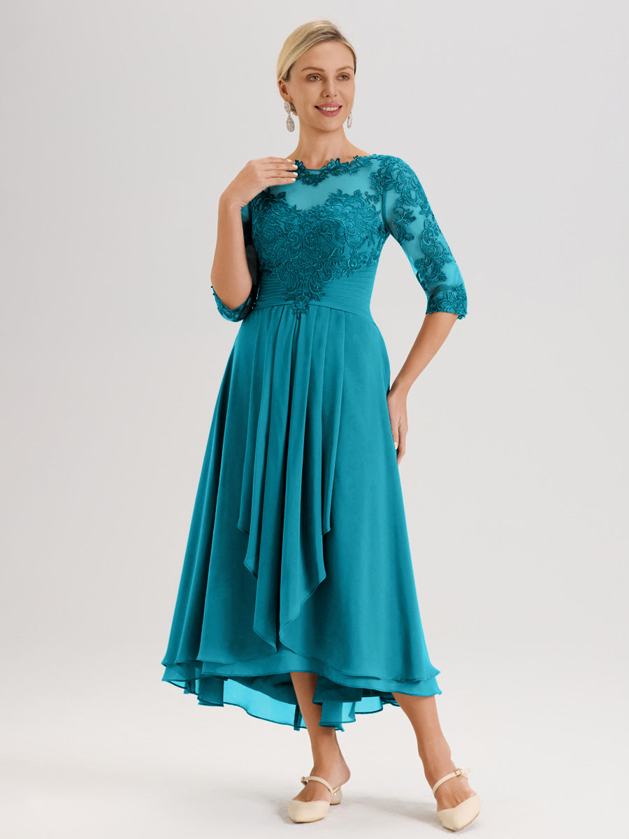 Cicinia Jade Robe Mère De La Mariée Col Ras Du Cou En Mousseline Et Dentelle Manches Trois-Quarts À Ourlet Asymétrique