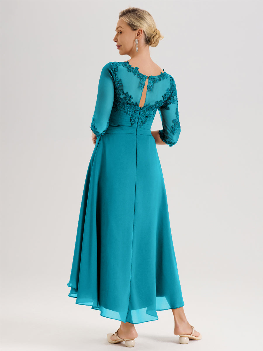 Cicinia Jade Robe Mère De La Mariée Col Ras Du Cou En Mousseline Et Dentelle Manches Trois-Quarts À Ourlet Asymétrique