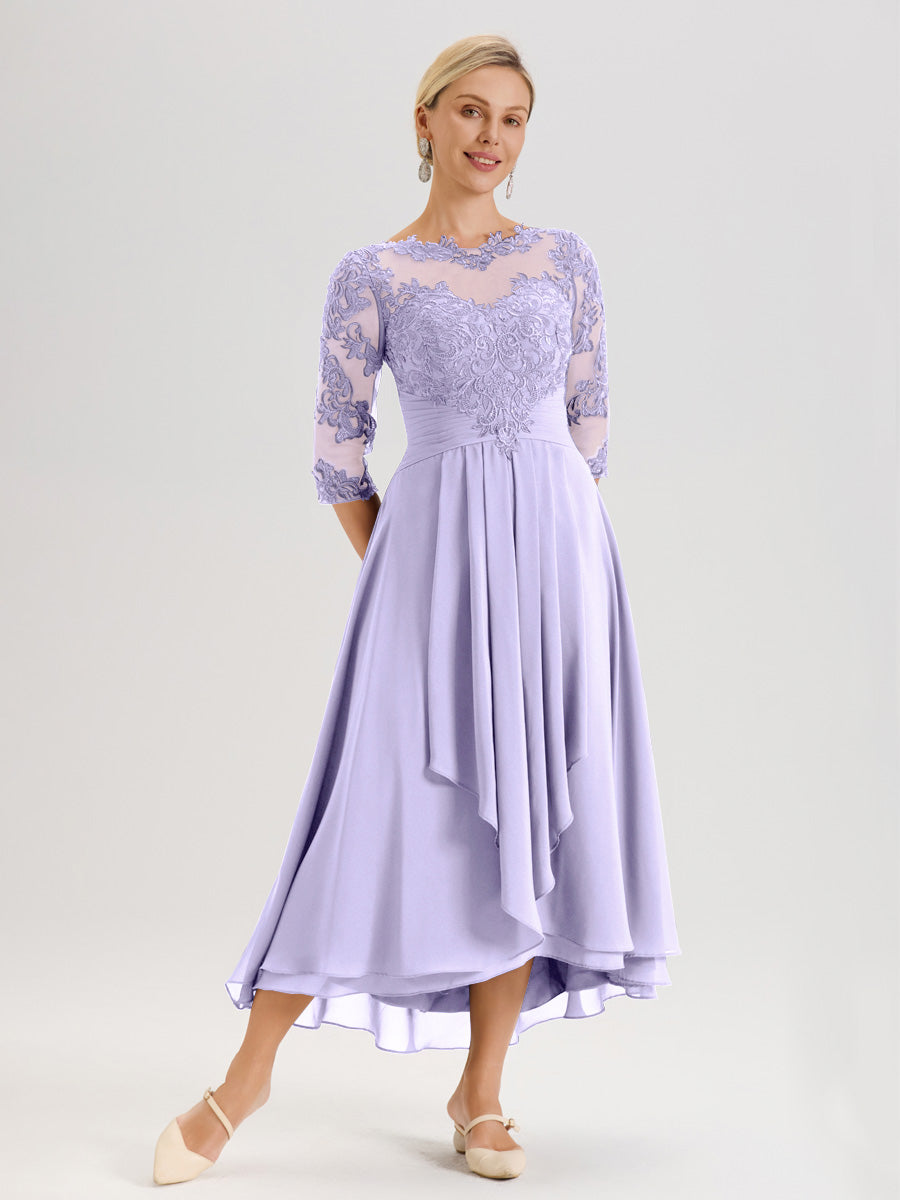 Cicinia Lilas Robe Mère De La Mariée Col Ras Du Cou En Mousseline Et Dentelle Manches Trois-Quarts À Ourlet Asymétrique