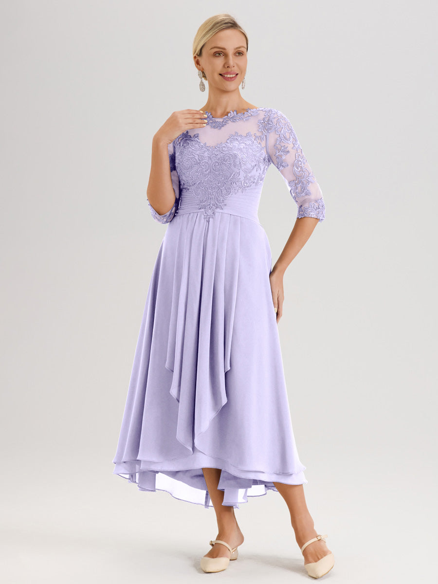 Cicinia Lilas Robe Mère De La Mariée Col Ras Du Cou En Mousseline Et Dentelle Manches Trois-Quarts À Ourlet Asymétrique