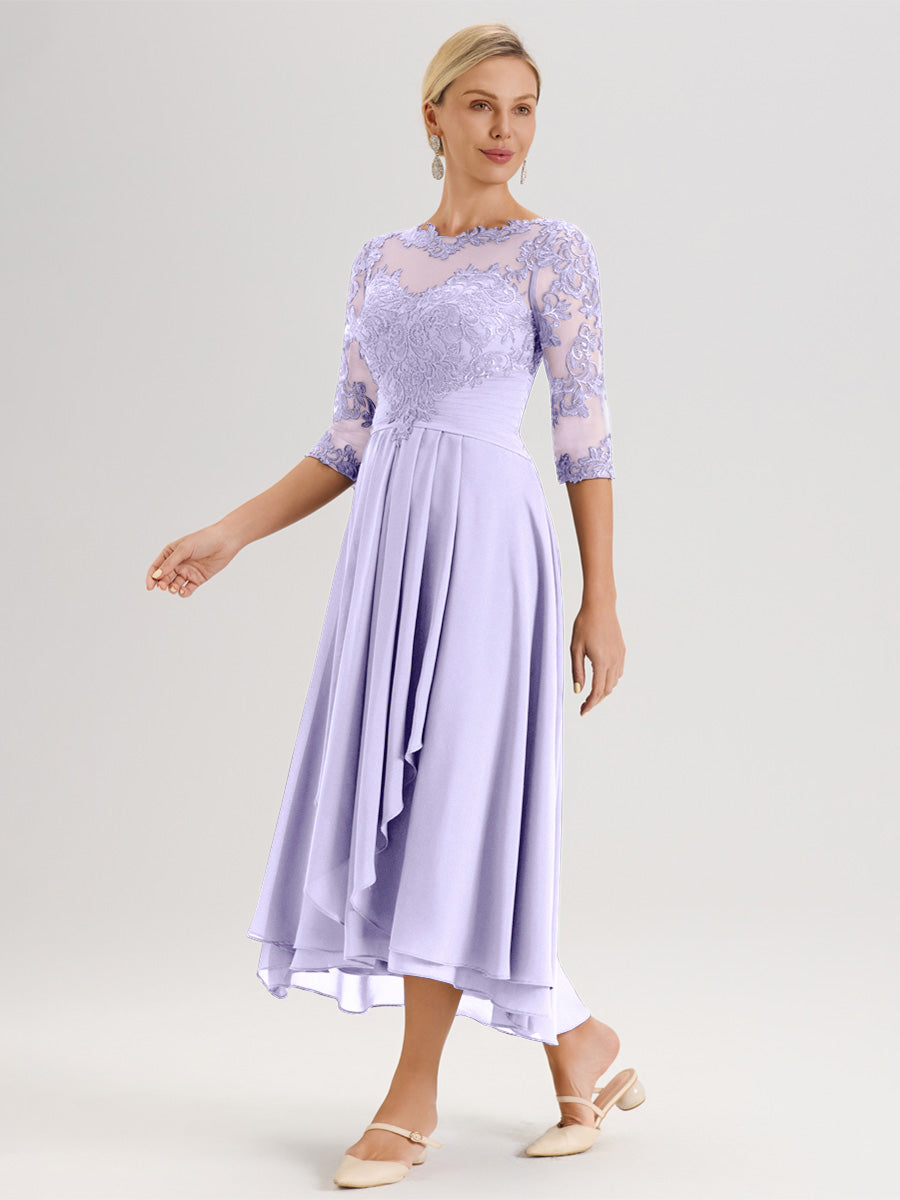 Cicinia Lilas Robe Mère De La Mariée Col Ras Du Cou En Mousseline Et Dentelle Manches Trois-Quarts À Ourlet Asymétrique