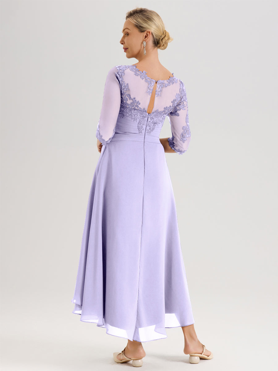 Cicinia Lilas Robe Mère De La Mariée Col Ras Du Cou En Mousseline Et Dentelle Manches Trois-Quarts À Ourlet Asymétrique