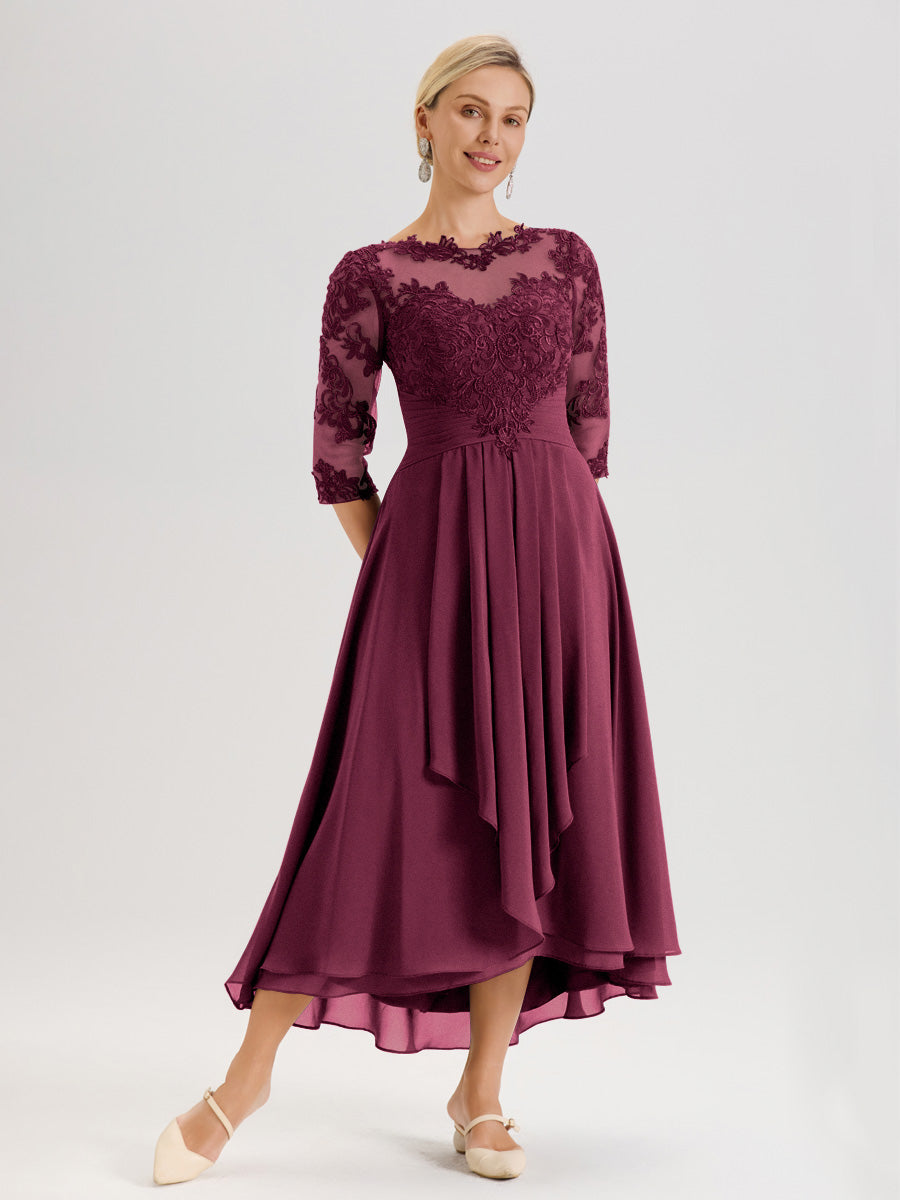 Cicinia Mûre Robe Mère De La Mariée Col Ras Du Cou En Mousseline Et Dentelle Manches Trois-Quarts À Ourlet Asymétrique