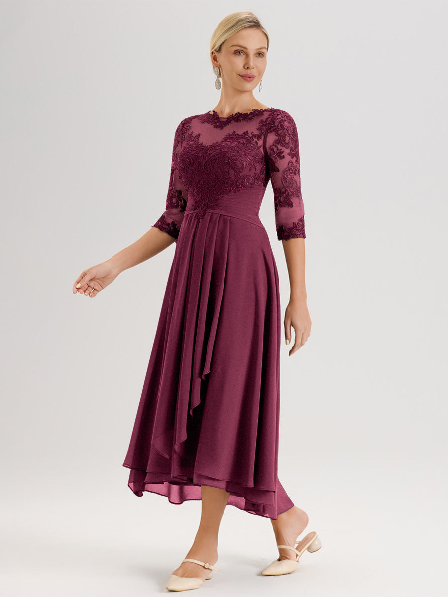 Cicinia Mûre Robe Mère De La Mariée Col Ras Du Cou En Mousseline Et Dentelle Manches Trois-Quarts À Ourlet Asymétrique