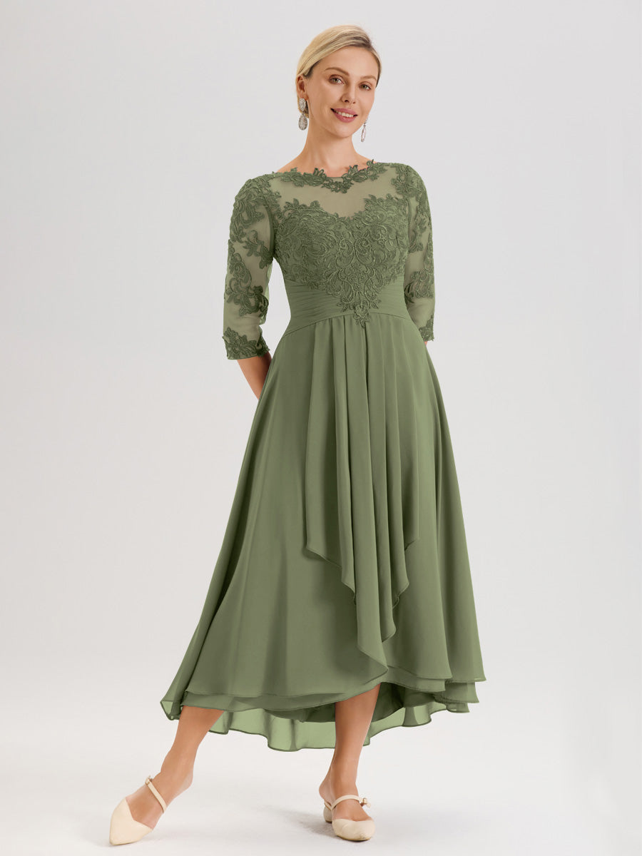 Cicinia Vert Olive Robe Mère De La Mariée Col Ras Du Cou En Mousseline Et Dentelle Manches Trois-Quarts À Ourlet Asymétrique