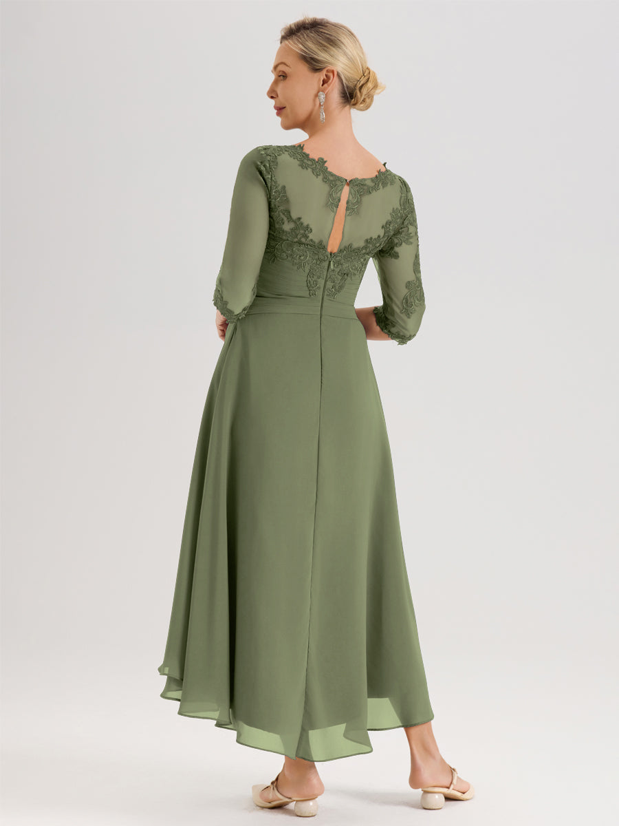 Cicinia Vert Olive Robe Mère De La Mariée Col Ras Du Cou En Mousseline Et Dentelle Manches Trois-Quarts À Ourlet Asymétrique