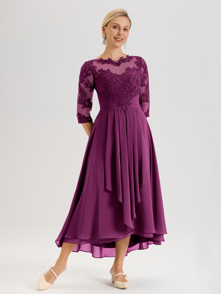 Cicinia Orchidée Robe Mère De La Mariée Col Ras Du Cou En Mousseline Et Dentelle Manches Trois-Quarts À Ourlet Asymétrique