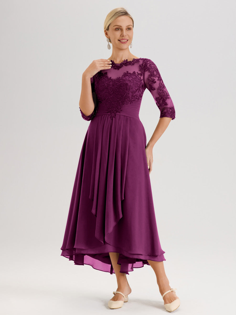 Cicinia Orchidée Robe Mère De La Mariée Col Ras Du Cou En Mousseline Et Dentelle Manches Trois-Quarts À Ourlet Asymétrique