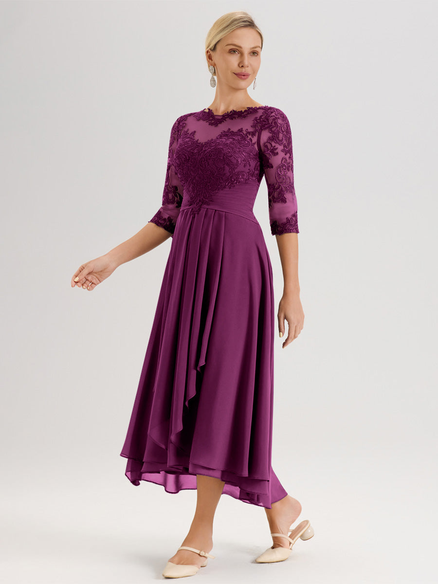 Cicinia Orchidée Robe Mère De La Mariée Col Ras Du Cou En Mousseline Et Dentelle Manches Trois-Quarts À Ourlet Asymétrique