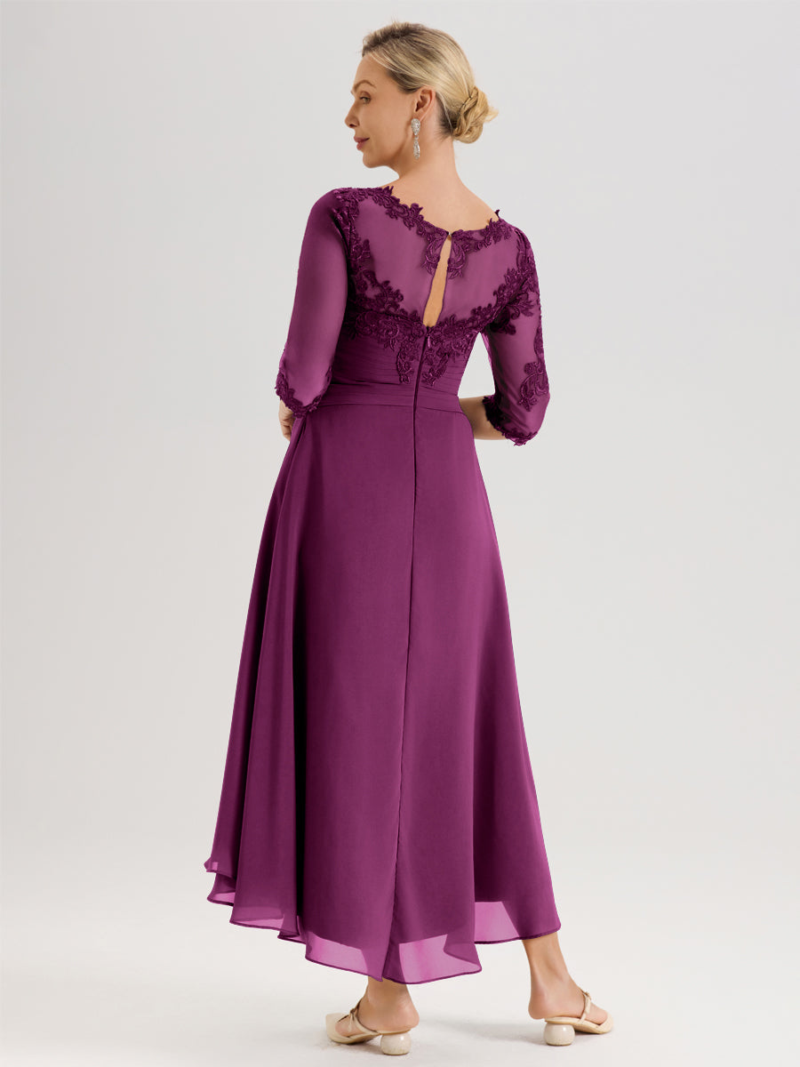 Cicinia Orchidée Robe Mère De La Mariée Col Ras Du Cou En Mousseline Et Dentelle Manches Trois-Quarts À Ourlet Asymétrique