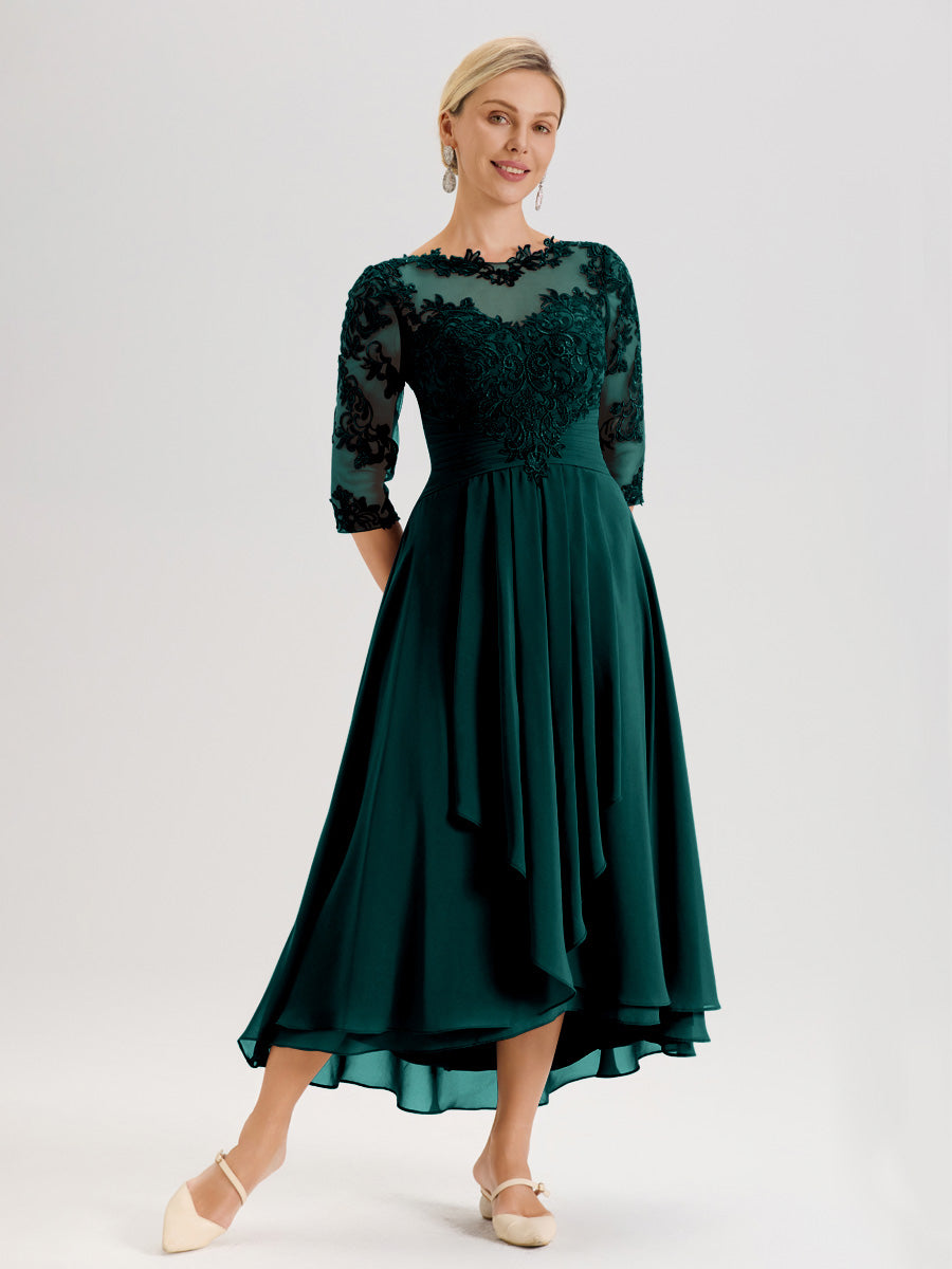 Cicinia Paon Robe Mère De La Mariée Col Ras Du Cou En Mousseline Et Dentelle Manches Trois-Quarts À Ourlet Asymétrique