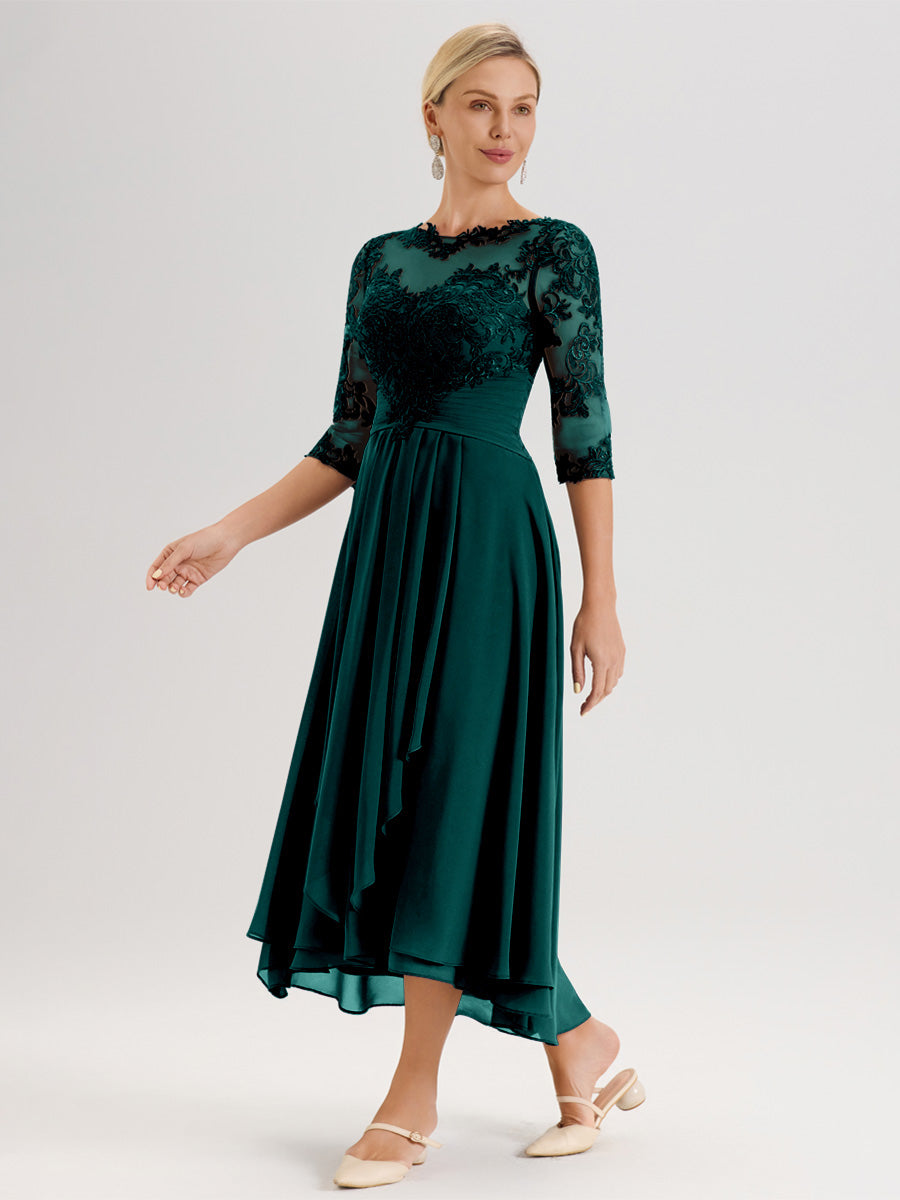Cicinia Paon Robe Mère De La Mariée Col Ras Du Cou En Mousseline Et Dentelle Manches Trois-Quarts À Ourlet Asymétrique