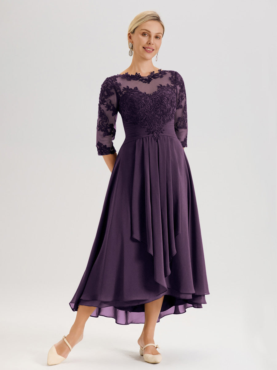 Cicinia Plum Robe Mère De La Mariée Col Ras Du Cou En Mousseline Et Dentelle Manches Trois-Quarts À Ourlet Asymétrique