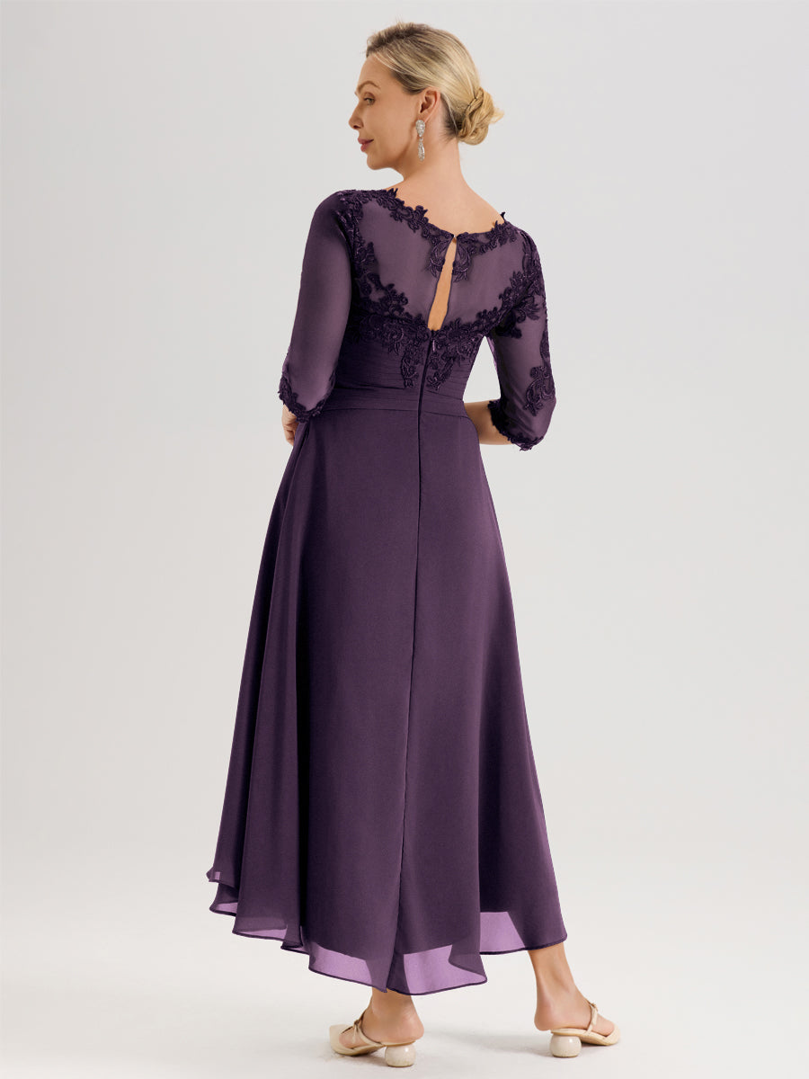 Cicinia Plum Robe Mère De La Mariée Col Ras Du Cou En Mousseline Et Dentelle Manches Trois-Quarts À Ourlet Asymétrique