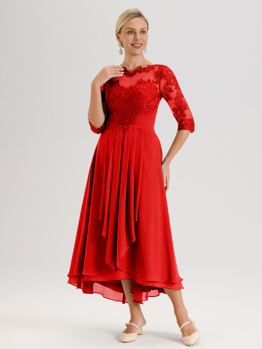 Cicinia Rouge Robe Mère De La Mariée Col Ras Du Cou En Mousseline Et Dentelle Manches Trois-Quarts À Ourlet Asymétrique