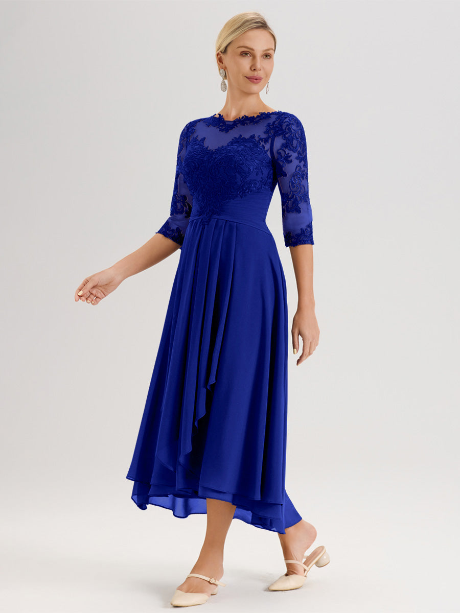 Cicinia Bleu Royale Robe Mère De La Mariée Col Ras Du Cou En Mousseline Et Dentelle Manches Trois-Quarts À Ourlet Asymétrique