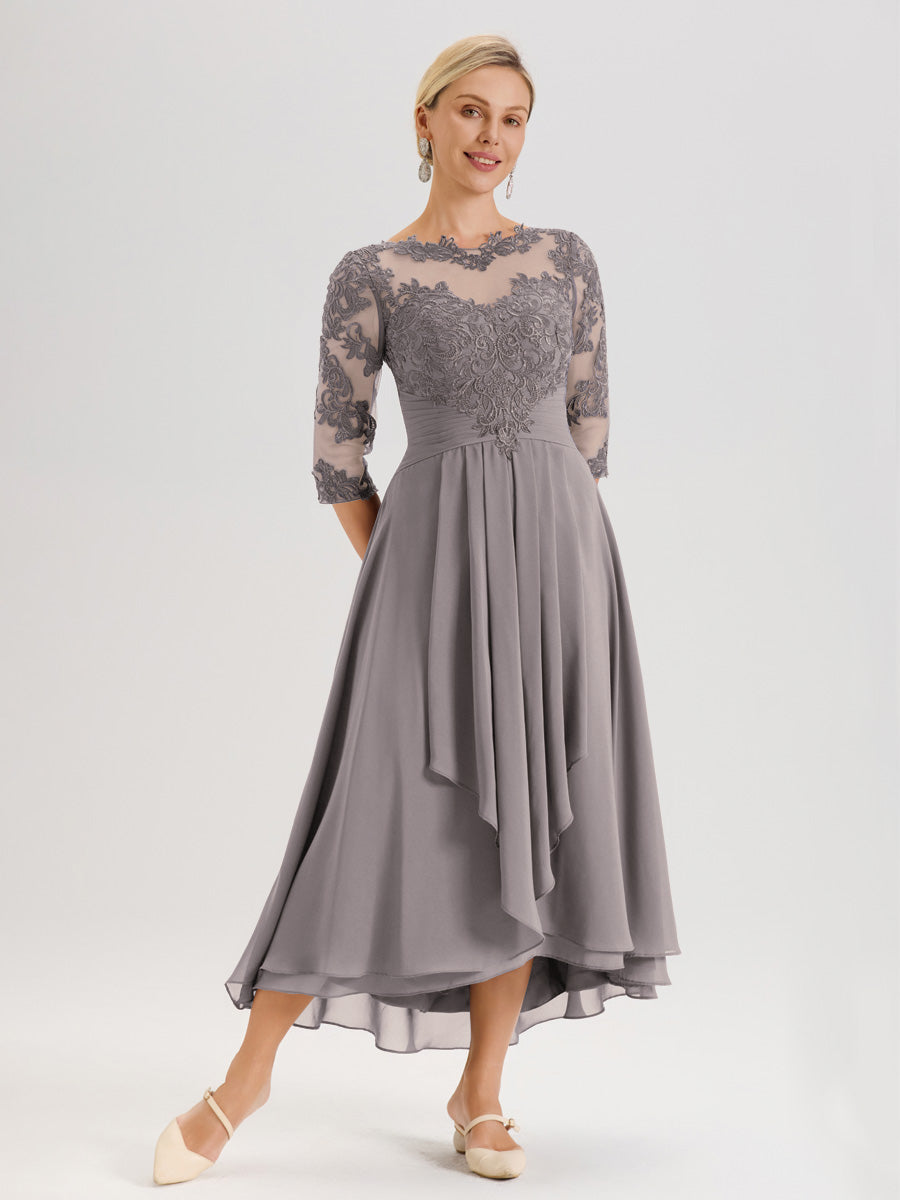 Cicinia Argent Robe Mère De La Mariée Col Ras Du Cou En Mousseline Et Dentelle Manches Trois-Quarts À Ourlet Asymétrique
