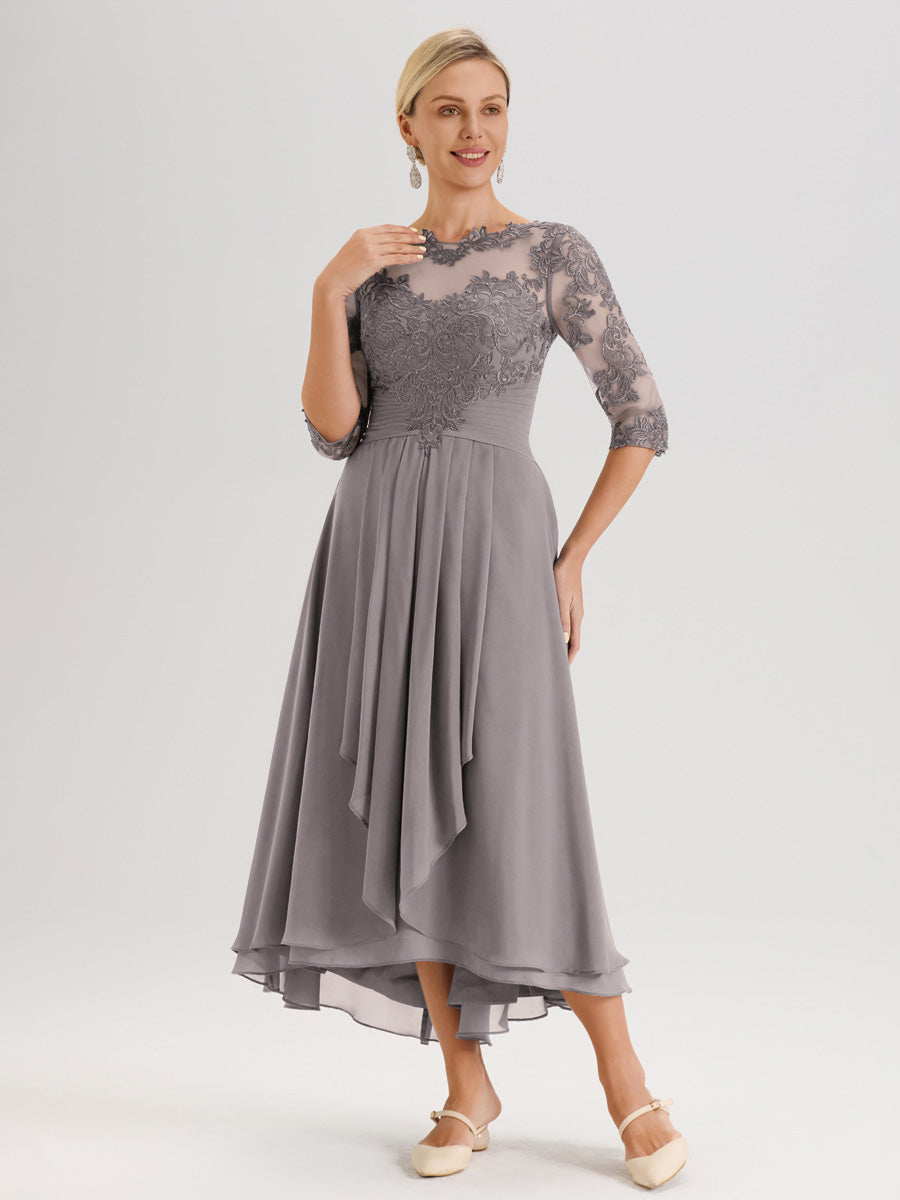 Cicinia Argent Robe Mère De La Mariée Col Ras Du Cou En Mousseline Et Dentelle Manches Trois-Quarts À Ourlet Asymétrique