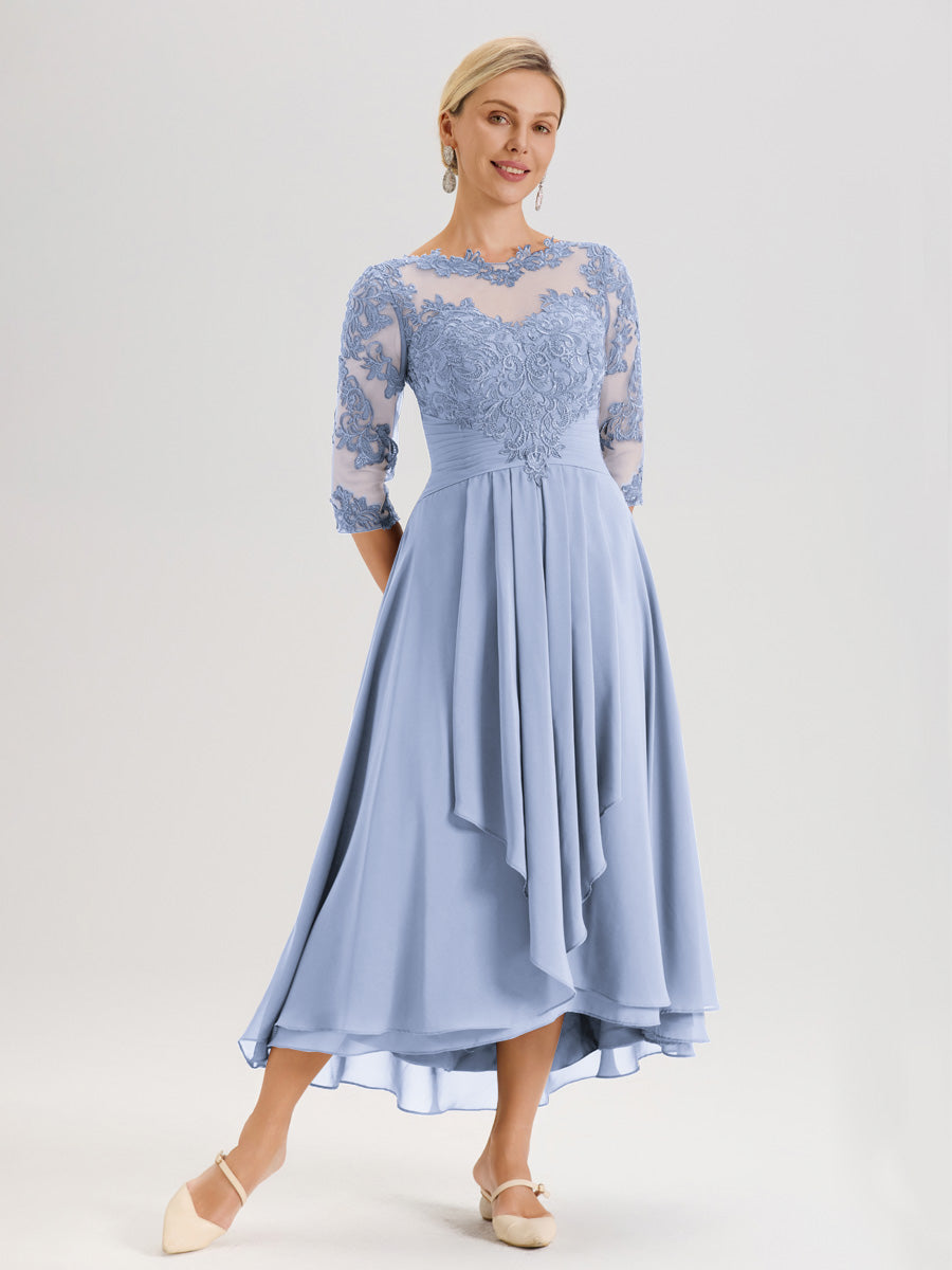 Cicinia Bleu Ciel Robe Mère De La Mariée Col Ras Du Cou En Mousseline Et Dentelle Manches Trois-Quarts À Ourlet Asymétrique