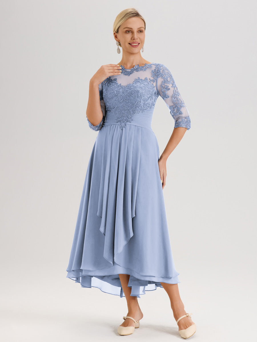 Cicinia Bleu Ciel Robe Mère De La Mariée Col Ras Du Cou En Mousseline Et Dentelle Manches Trois-Quarts À Ourlet Asymétrique