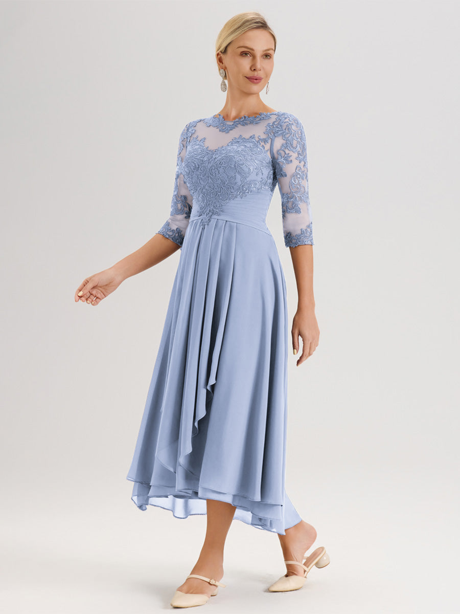 Cicinia Bleu Ciel Robe Mère De La Mariée Col Ras Du Cou En Mousseline Et Dentelle Manches Trois-Quarts À Ourlet Asymétrique