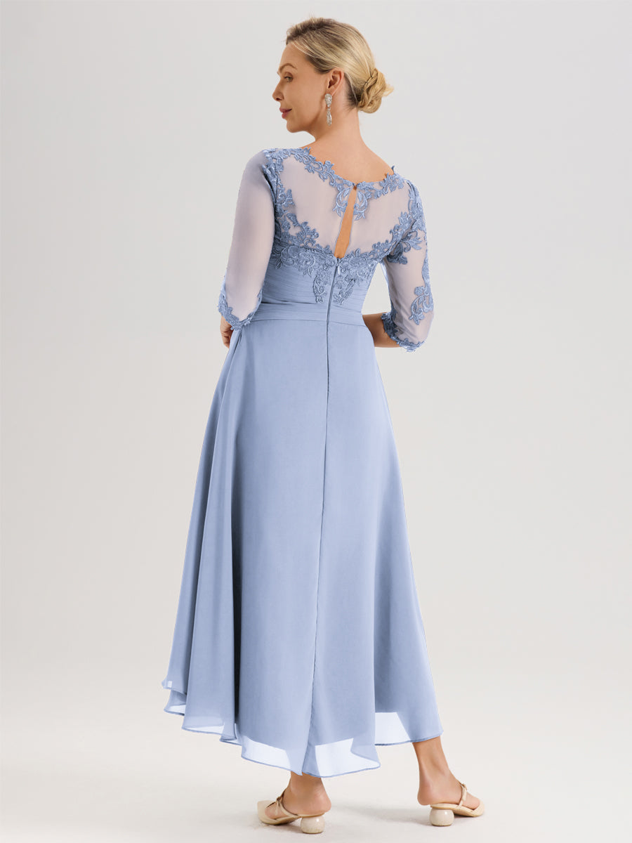 Cicinia Bleu Ciel Robe Mère De La Mariée Col Ras Du Cou En Mousseline Et Dentelle Manches Trois-Quarts À Ourlet Asymétrique