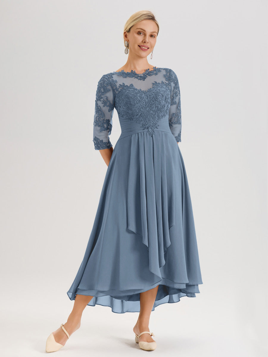 Cicinia Bleu De Schiste Robe Mère De La Mariée Col Ras Du Cou En Mousseline Et Dentelle Manches Trois-Quarts À Ourlet Asymétrique