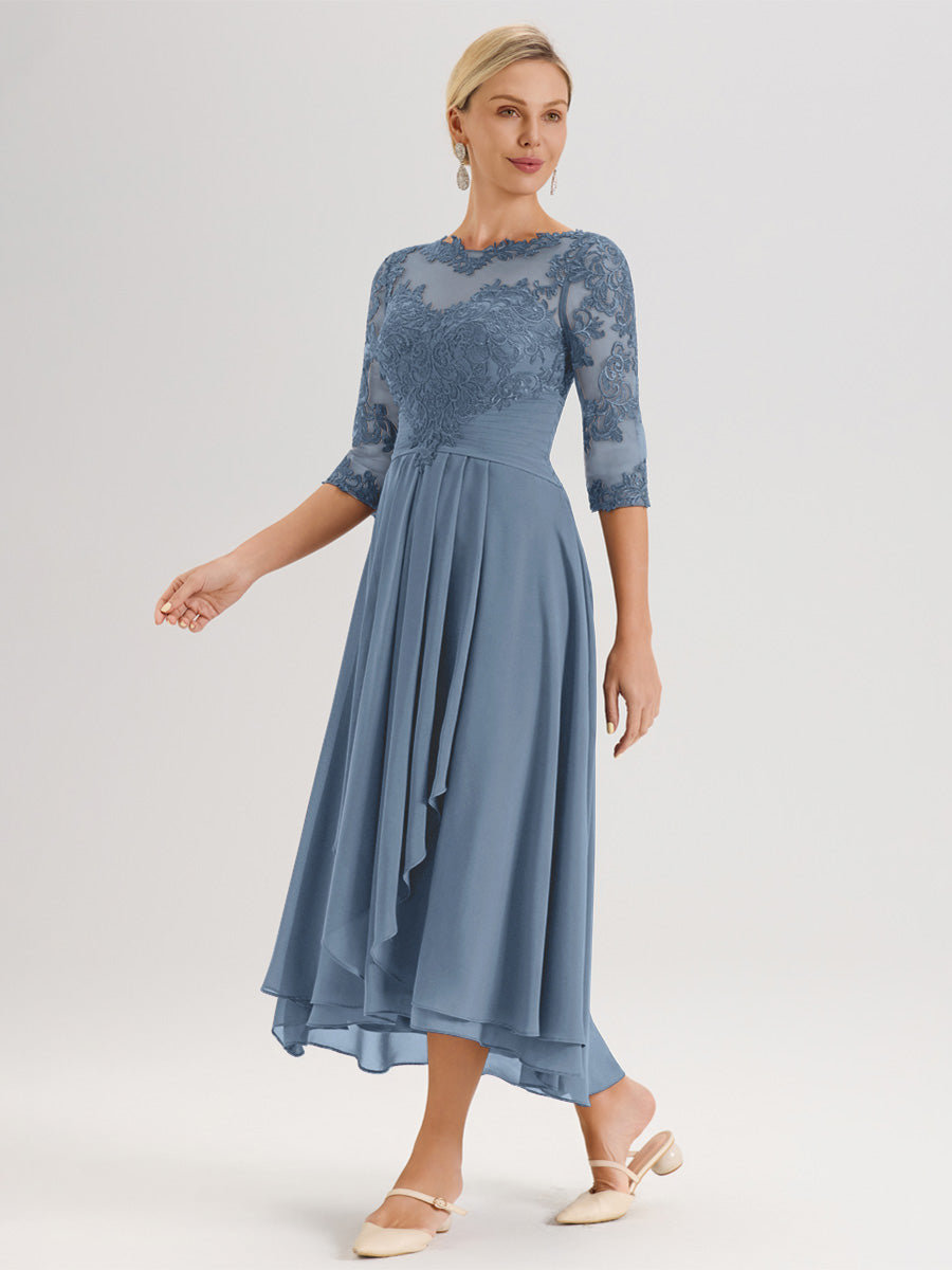 Cicinia Bleu De Schiste Robe Mère De La Mariée Col Ras Du Cou En Mousseline Et Dentelle Manches Trois-Quarts À Ourlet Asymétrique