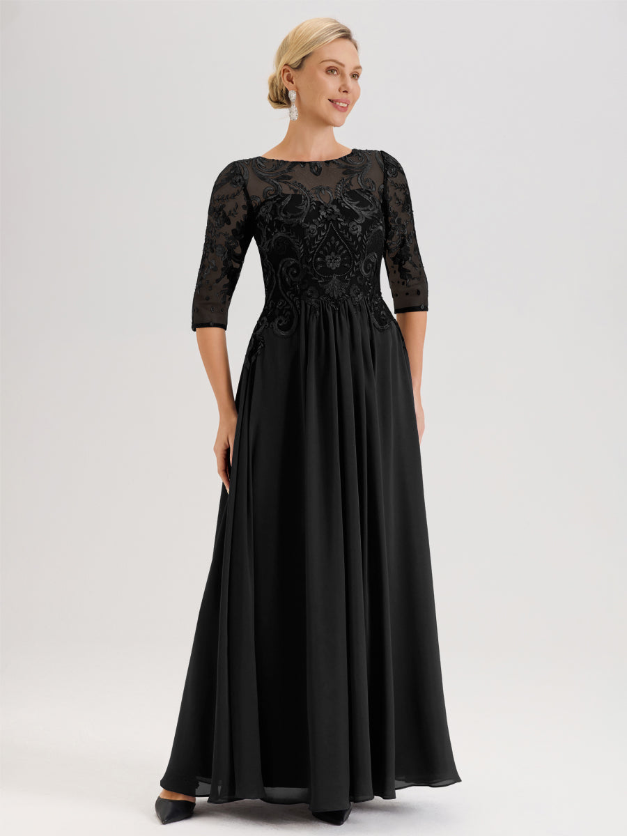 Cicinia Mûre Robe Mère De La Mariée Col Ras Du Cou À Manches 3/4 Trapèze En Mousseline Et Dentelle Longueur Au Sol